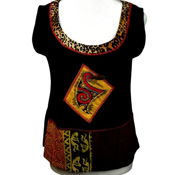 Tribal Sleeveless Top Black Kokopelli Cheetah Print Womens Size Medium - Picture 1 of 7